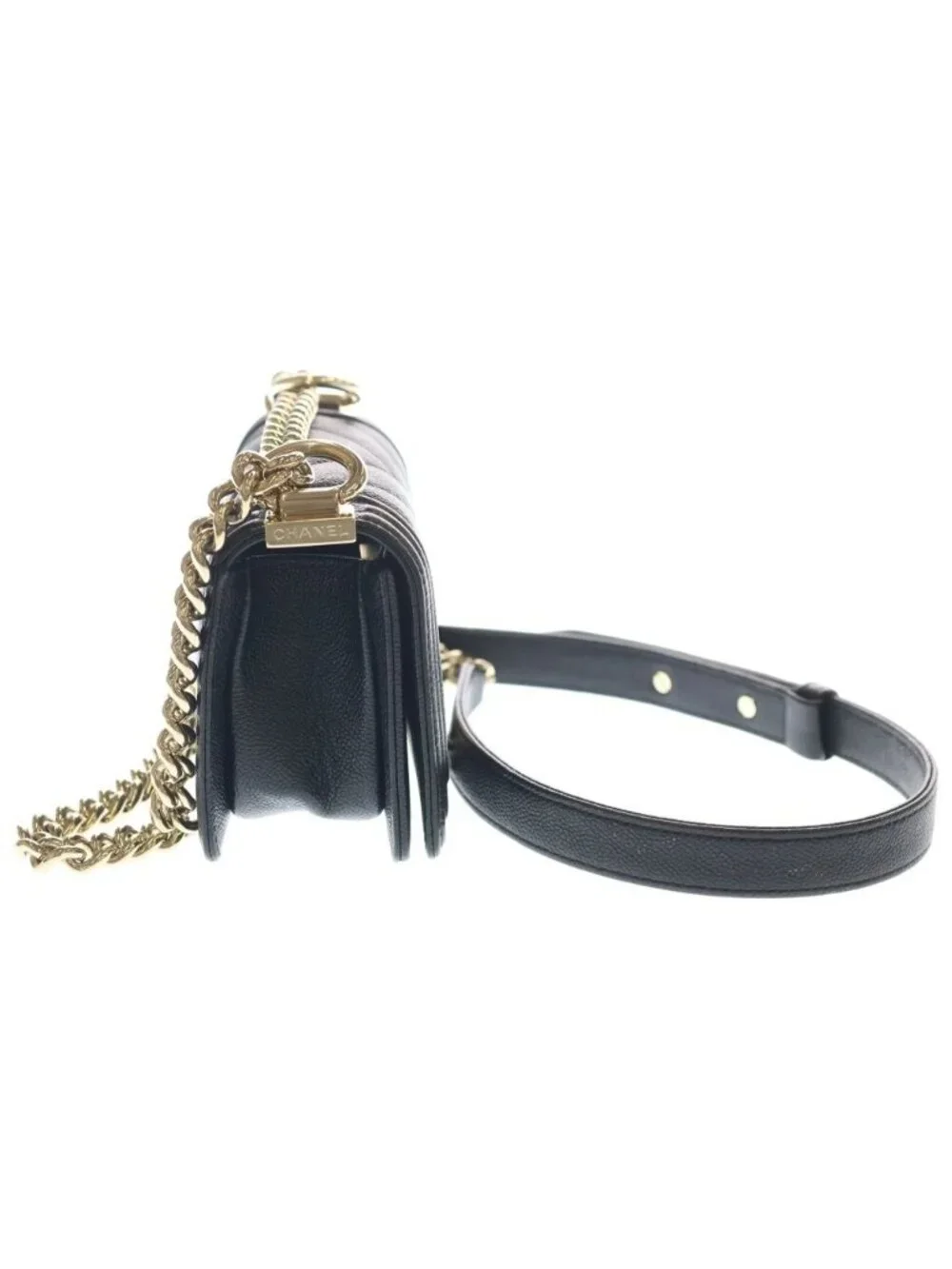 Chanel Boy Mini Chez Blanc Stitch Caviar Leather Gold Chain Shoulder Bag Plate